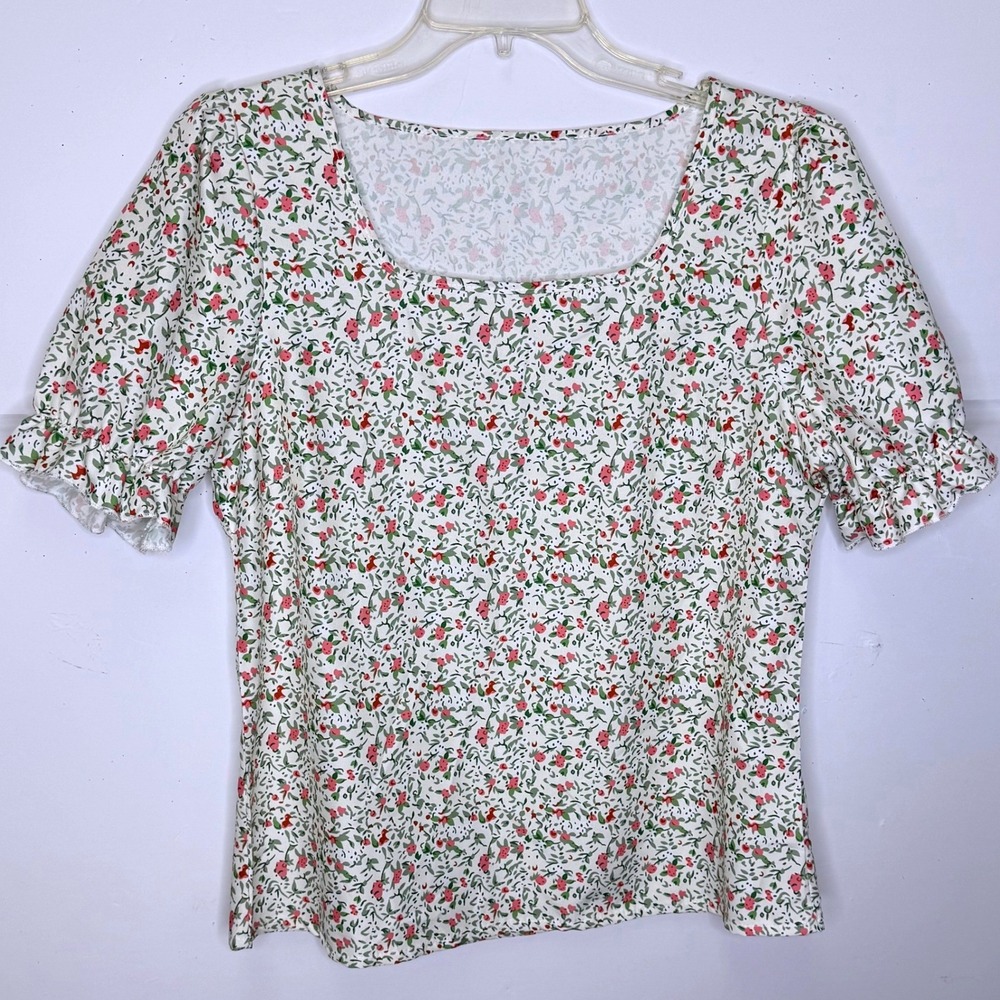 Floral Puff Sleeve Top Women M White Pink Square Neck Ruffle Coattage Girly Chic - Picture 3 of 6